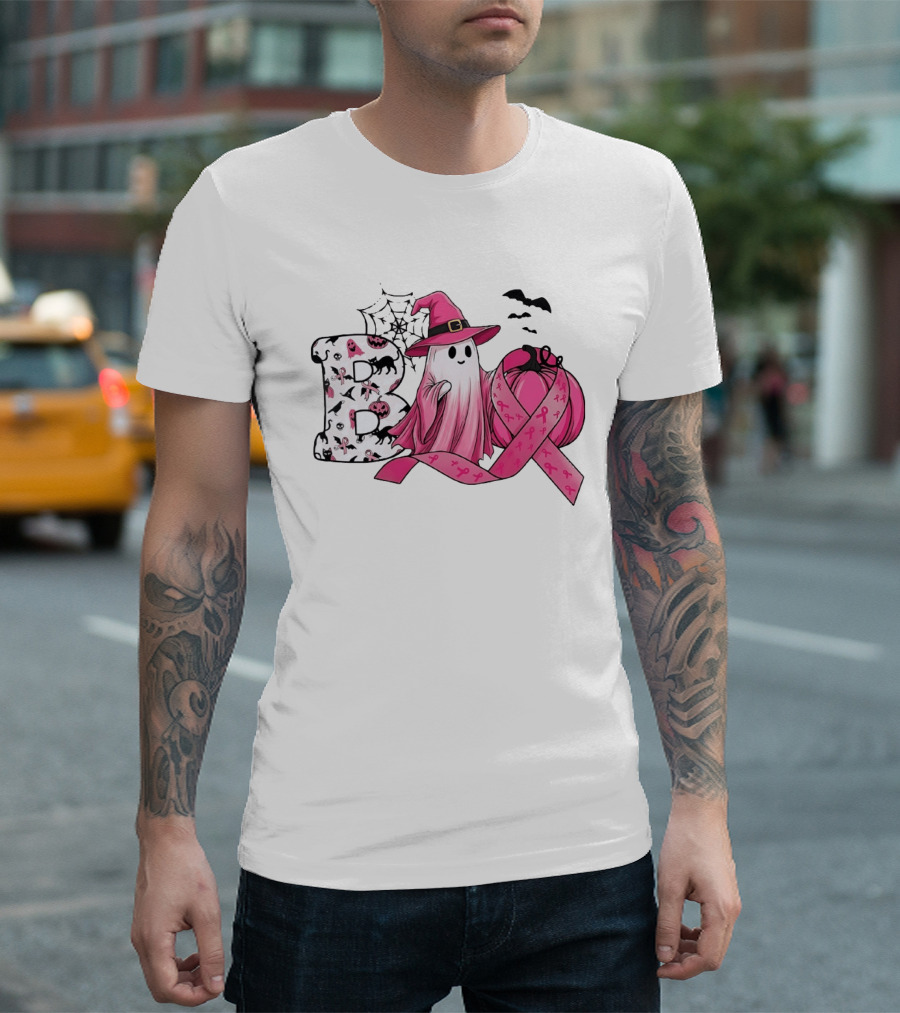 Boo Ghost Witch Pink Breast Cancer Ribbon Halloween Pumpkin T-Shirt