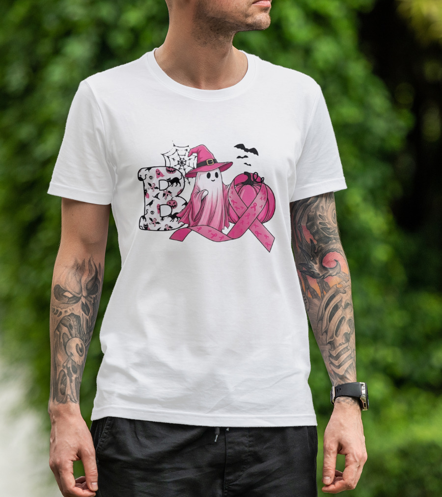 Boo Ghost Witch Pink Breast Cancer Ribbon Halloween Pumpkin T-Shirt