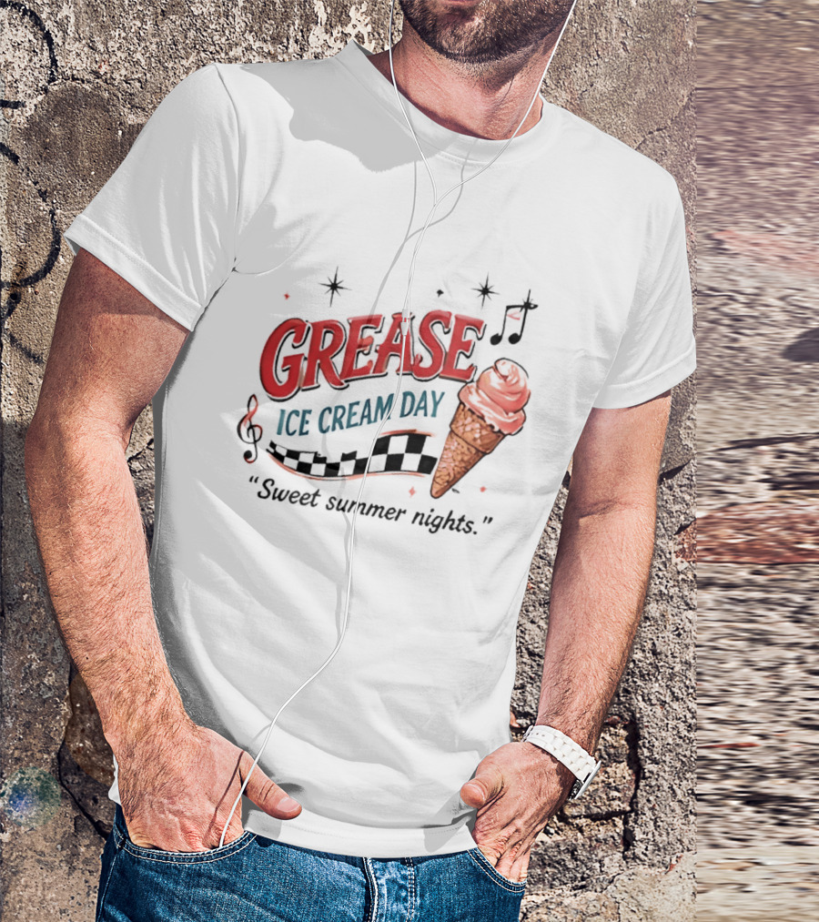 Grease Ice Cream Day Sweet Summer Nights Ice Cream Cone Music Notes Stars T-Shirt