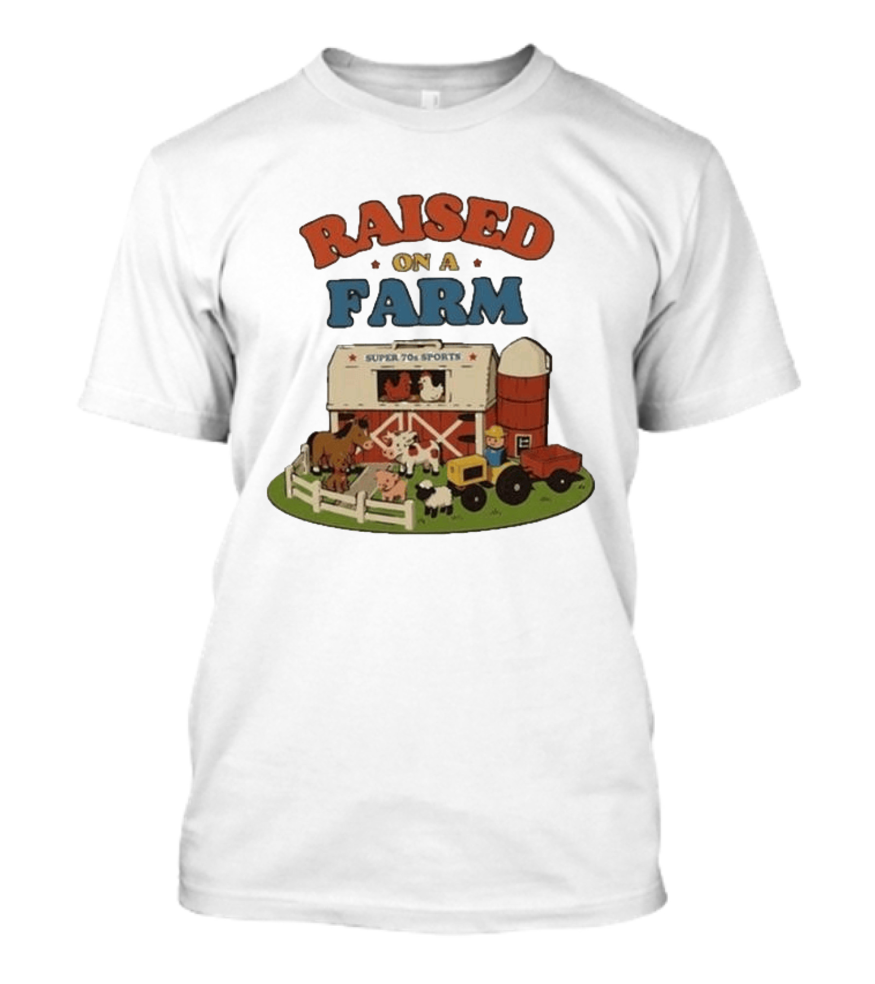 Raised On A Farm Super 70s Sports Vintage Barnyard Scene With Tractor And Animals T-Shirt