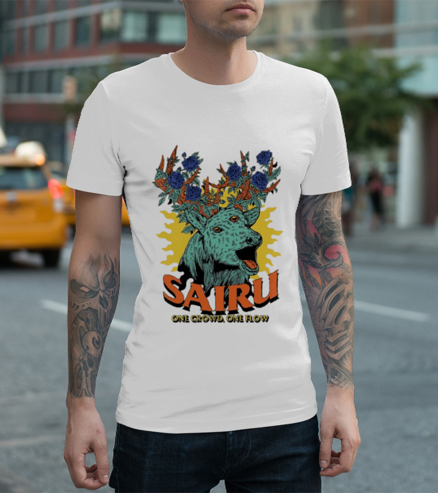 Sairu One Crowd One Flow Deer With Blue Roses Horns T-Shirt