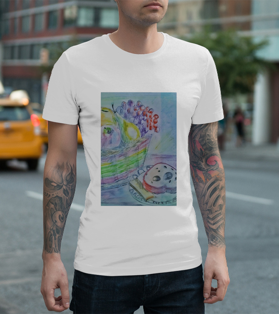 Fruit Basket Bagel Still Life Drawing Pears Apples Grapes Bread T-Shirt