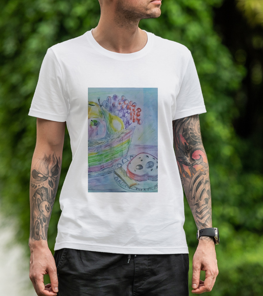 Fruit Basket Bagel Still Life Drawing Pears Apples Grapes Bread T-Shirt