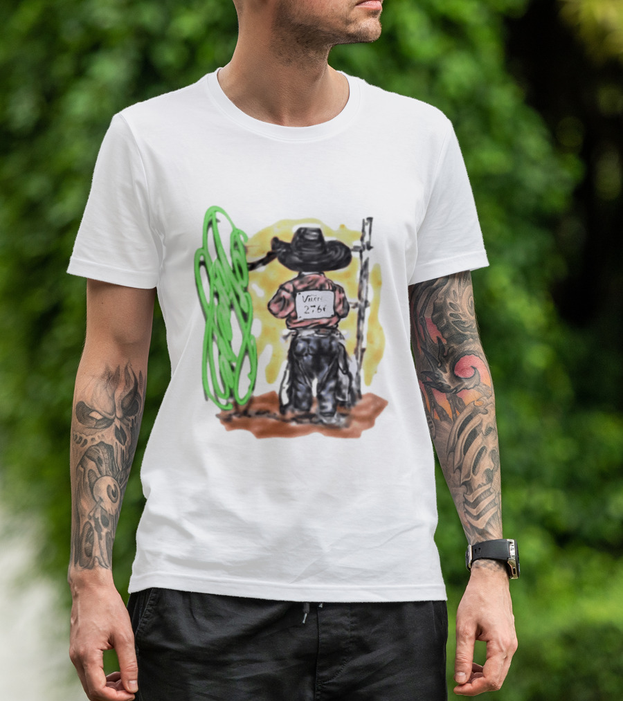 Vnere 2766 Cowboy Vintage Western Art With Hat And Fence T-Shirt