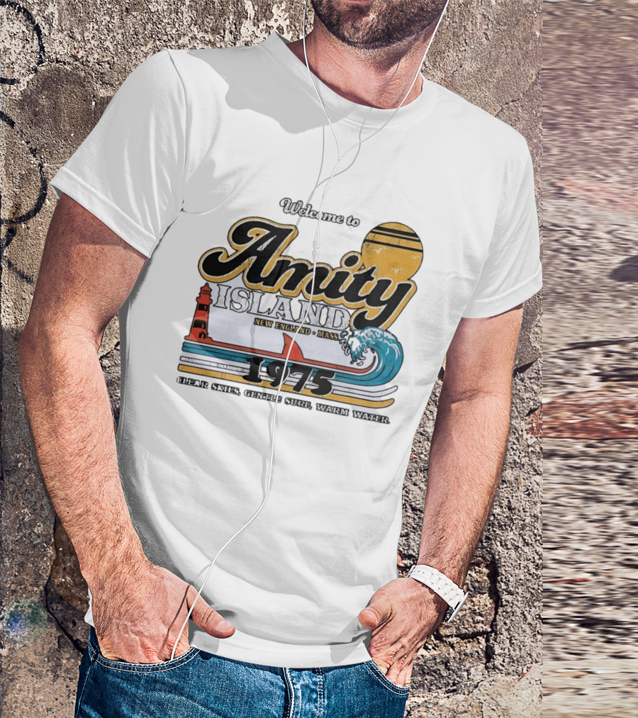 Welcome To Amity Island 1975 New England Massachusetts Lighthouse Wave Ocean Sun T-Shirt