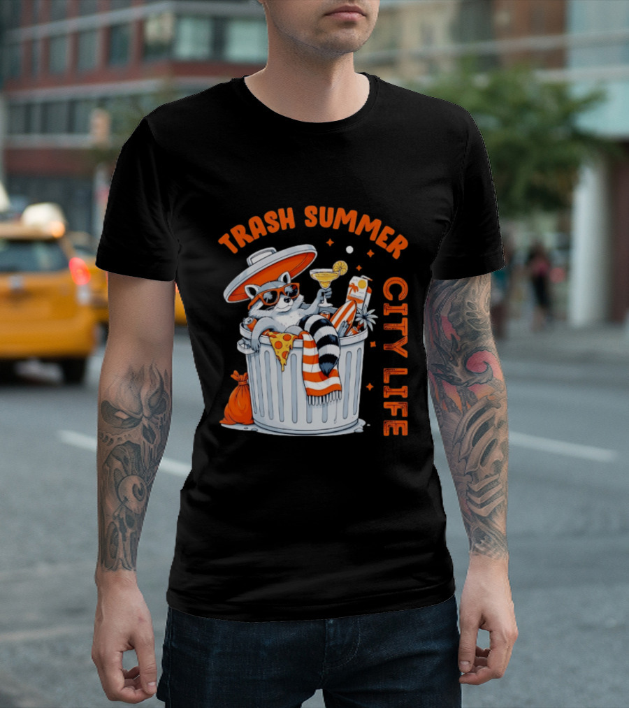 Trash Summer City Life Raccoon Enjoying Urban Vibes With Pizza And Martini T-Shirt