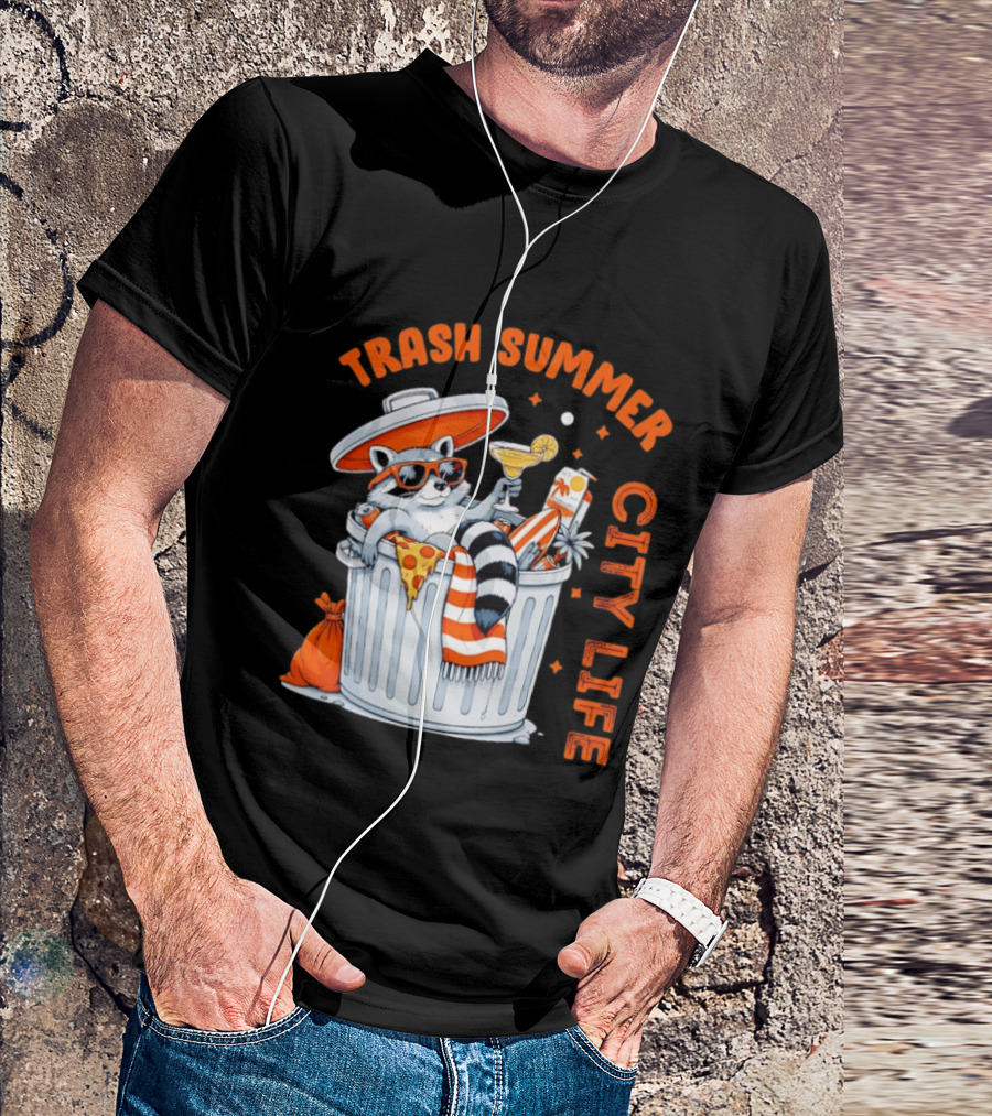 Trash Summer City Life Raccoon Enjoying Urban Vibes With Pizza And Martini T-Shirt