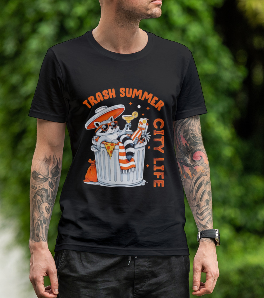 Trash Summer City Life Raccoon Enjoying Urban Vibes With Pizza And Martini T-Shirt