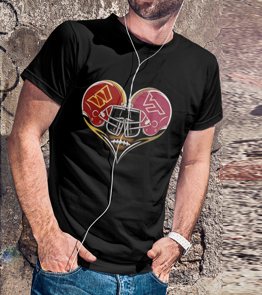 Washington Commanders Virginia Tech Hokies Helmet Heart Dual Team Spirit T-Shirt