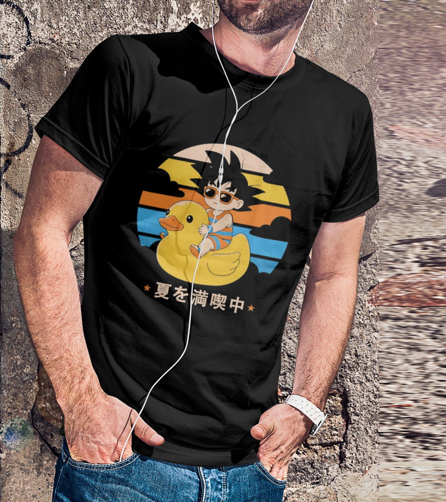 Young Goku Riding Rubber Duck At Sunset Enjoying Summer T-Shirt