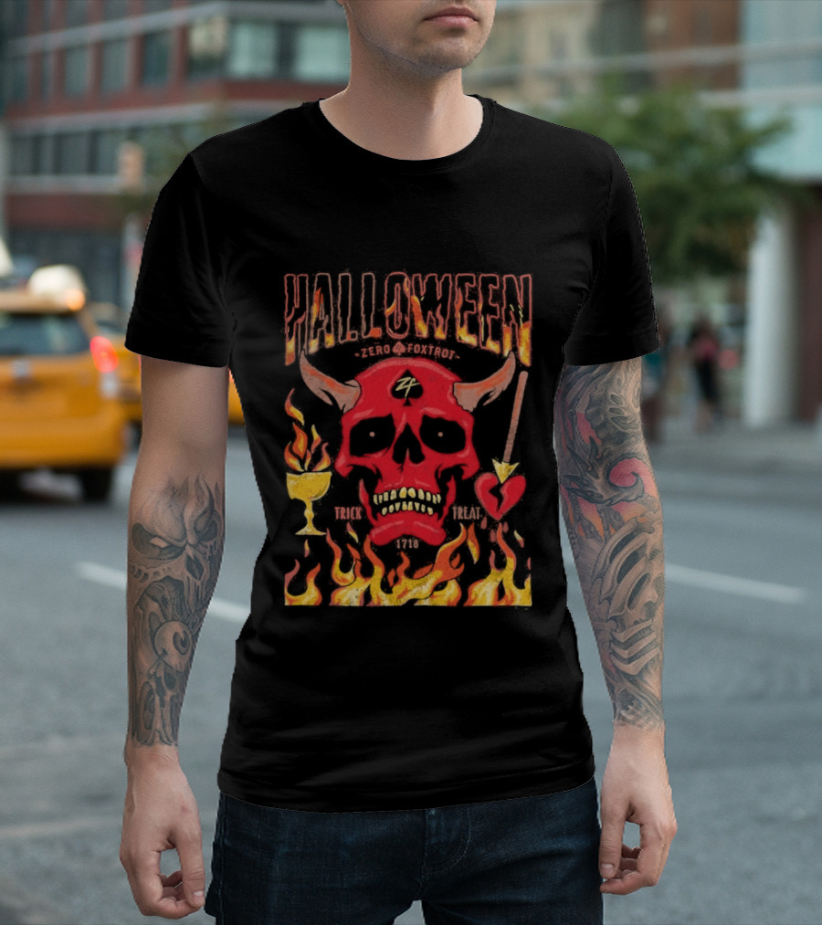 Zero Foxtrot Halloween No Quarter Flaming Demon Skull T-Shirt