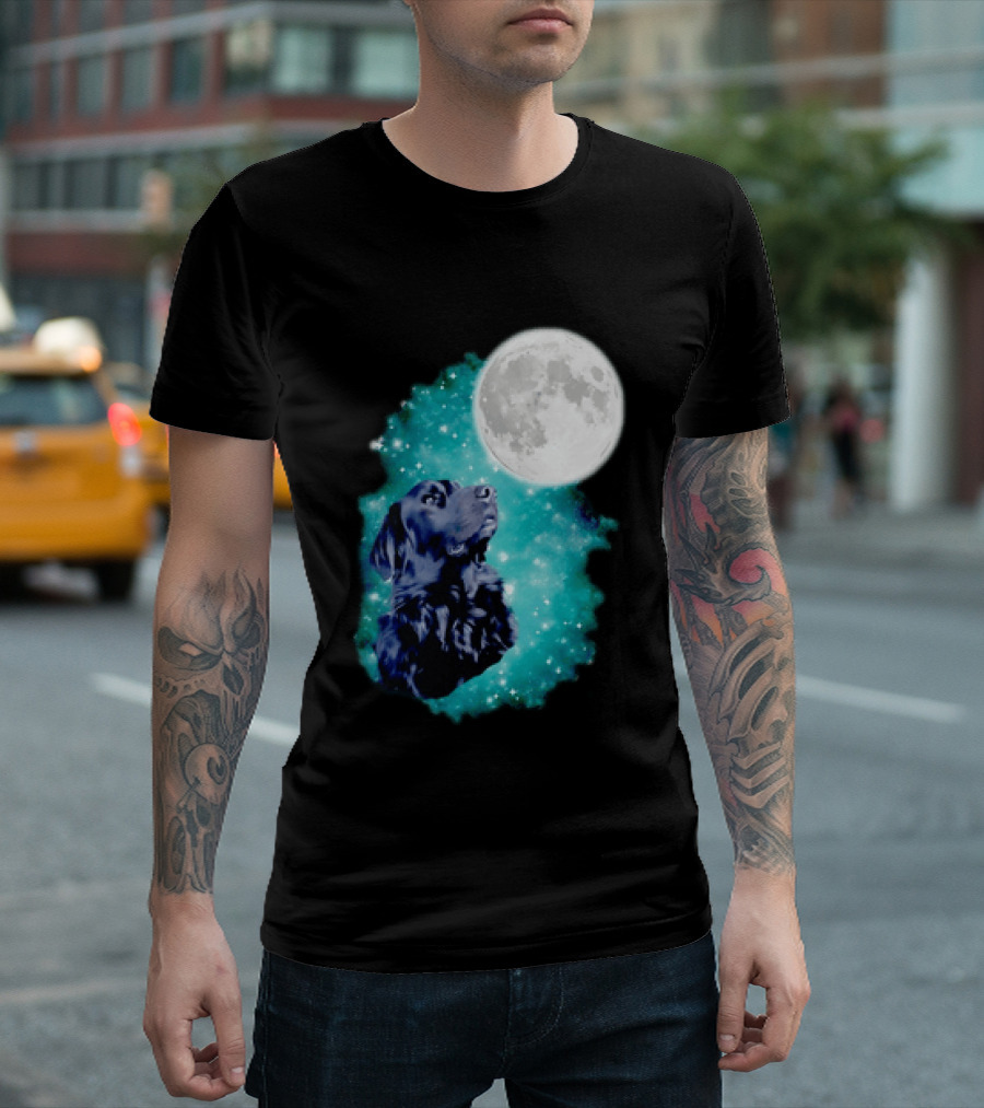 Black Dog Under Moon In Galaxy Space T-Shirt