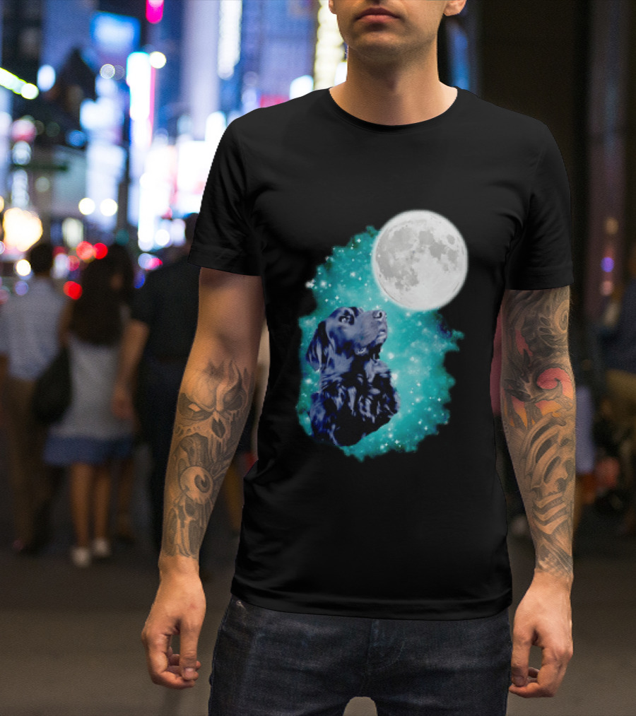 Black Dog Under Moon In Galaxy Space T-Shirt
