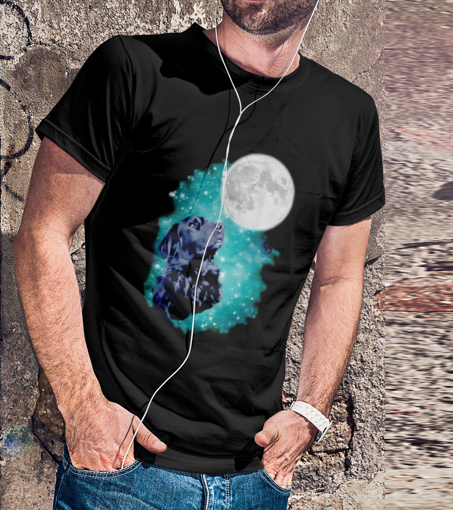 Black Dog Under Moon In Galaxy Space T-Shirt