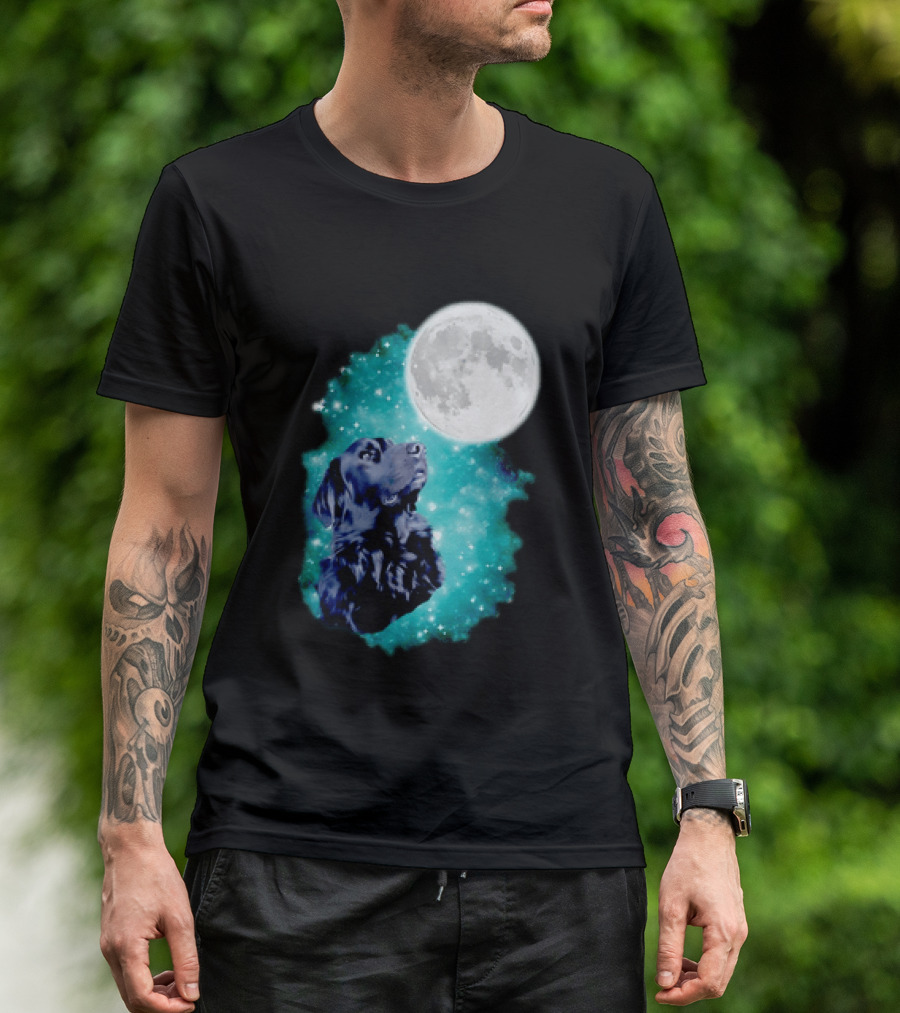 Black Dog Under Moon In Galaxy Space T-Shirt