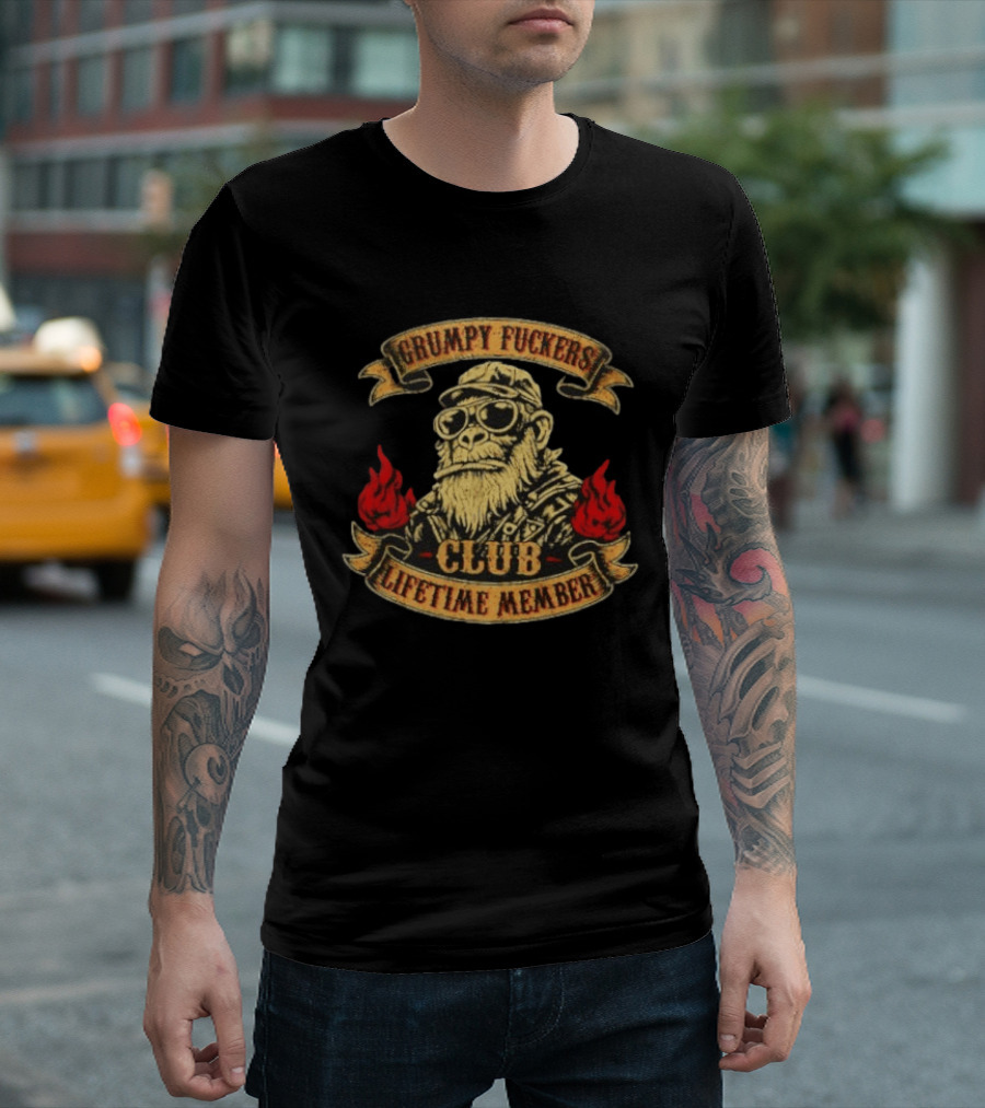 Grumpy Fuckers Club Lifetime Member Monkey With Sunglasses And Flames T-Shirt