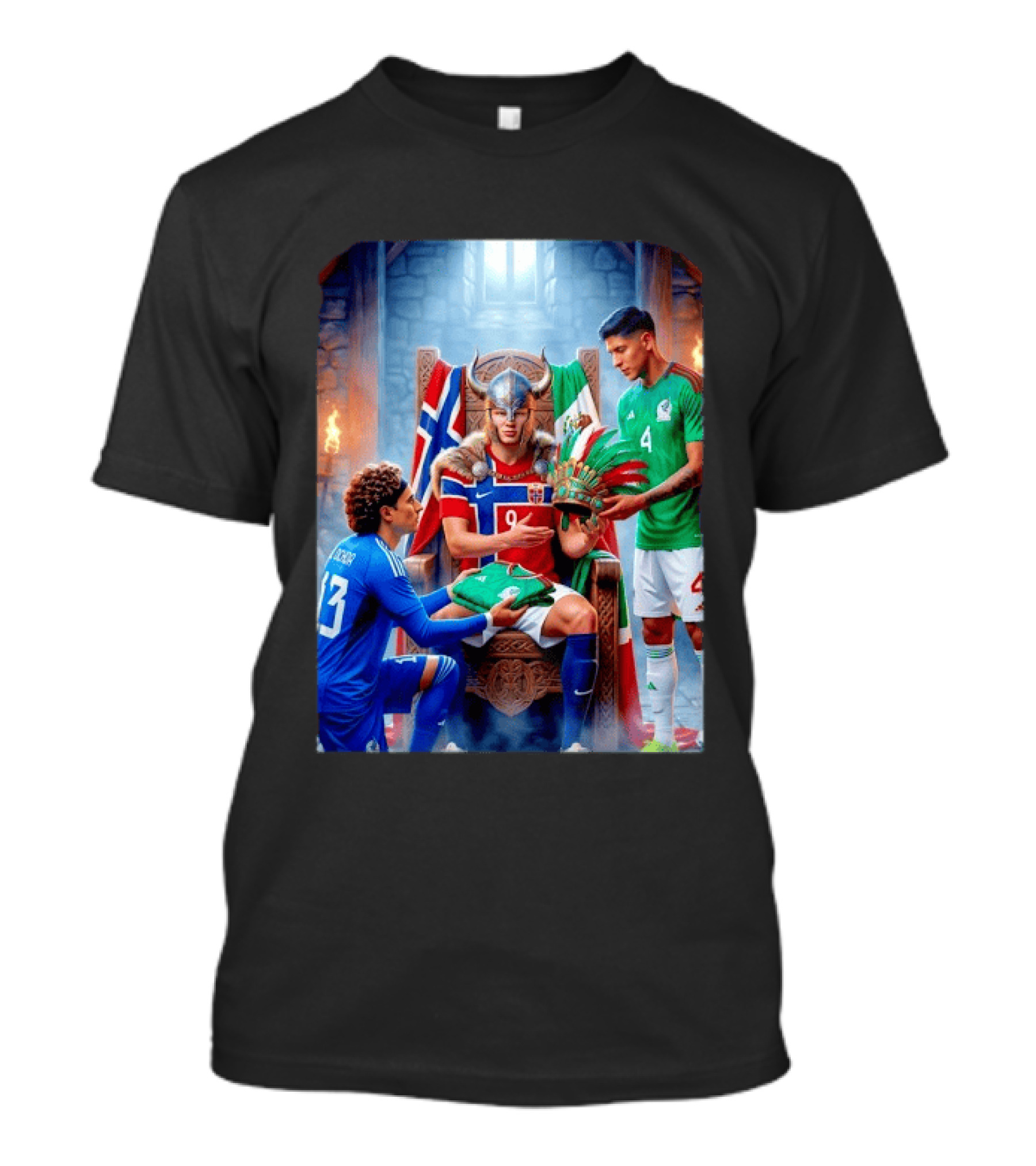 Guillermo Ochoa And Johan Vasquez Offering Mexico Jersey To Viking Erling Haaland With Norway Flag In Throne Room T-Shirt