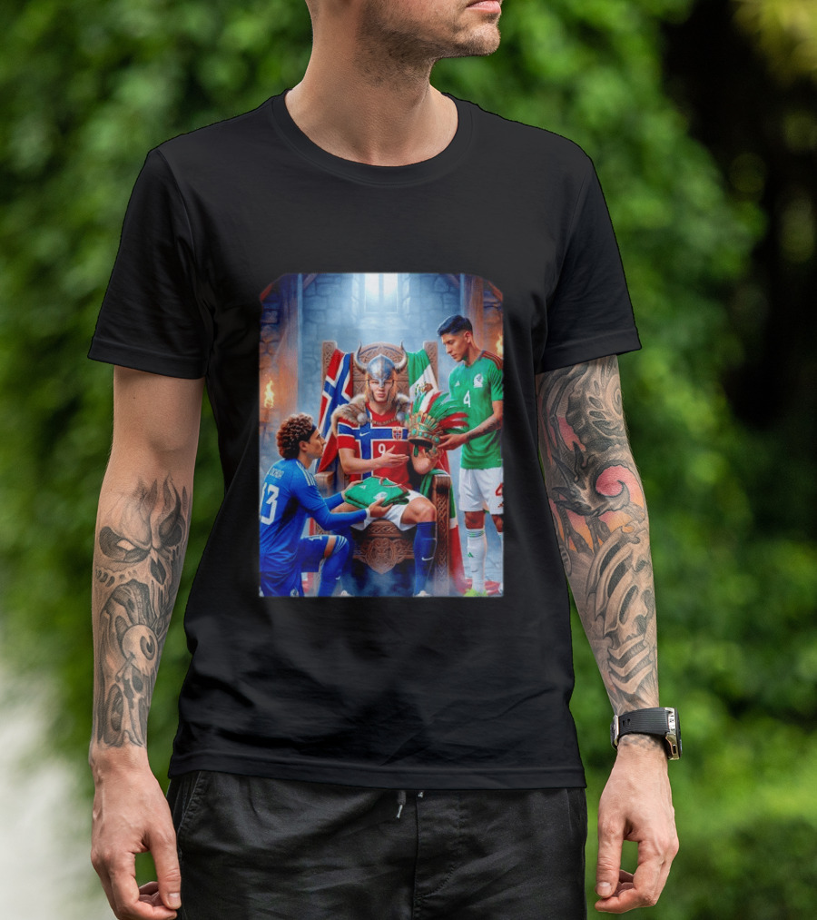 Guillermo Ochoa And Johan Vasquez Offering Mexico Jersey To Viking Erling Haaland With Norway Flag In Throne Room T-Shirt
