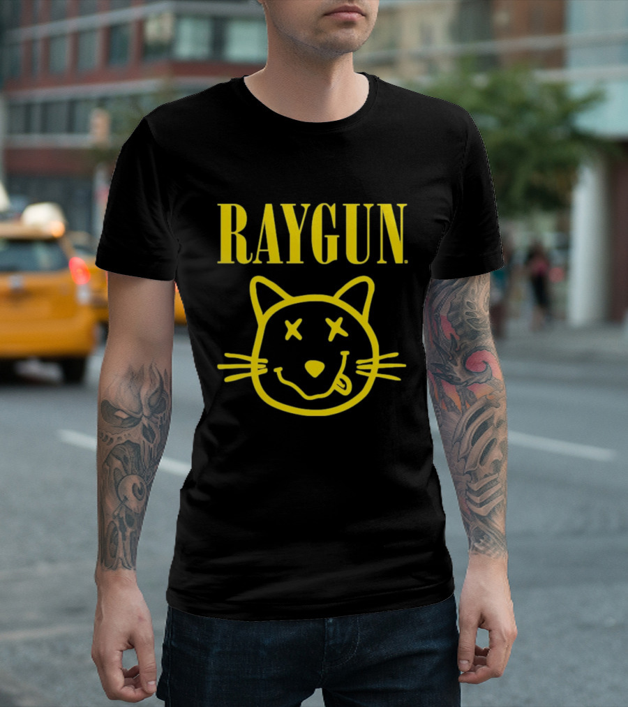Raygun Smiley Cat Face Neon Yellow Quirky Expression T-Shirt