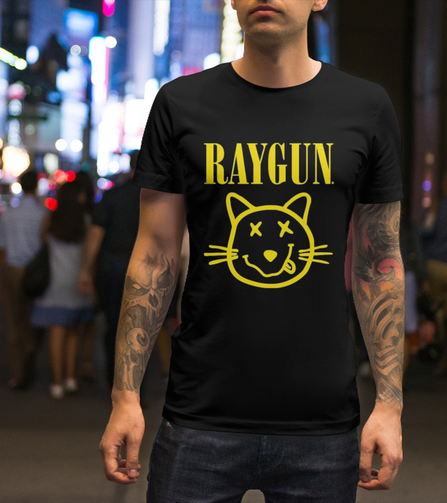 Raygun Smiley Cat Face Neon Yellow Quirky Expression T-Shirt