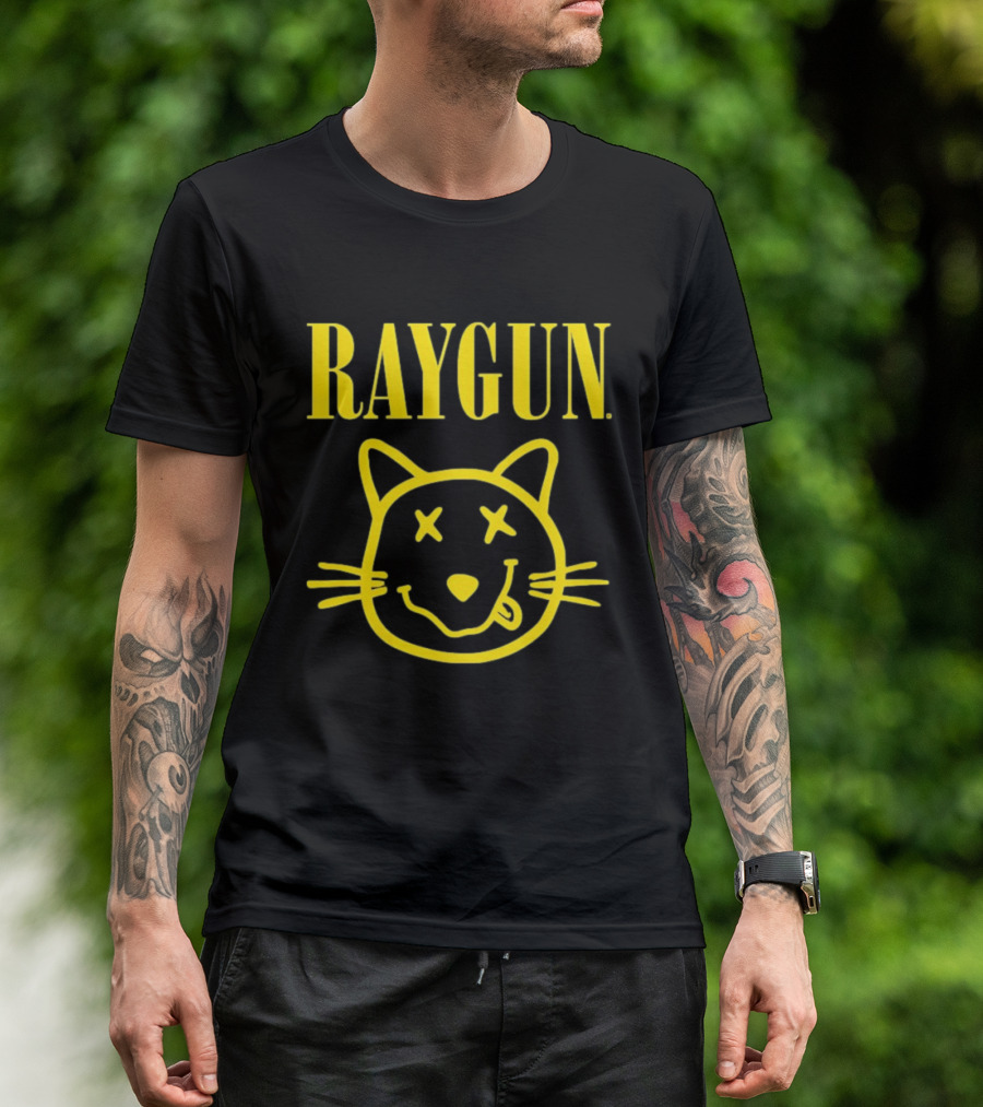Raygun Smiley Cat Face Neon Yellow Quirky Expression T-Shirt