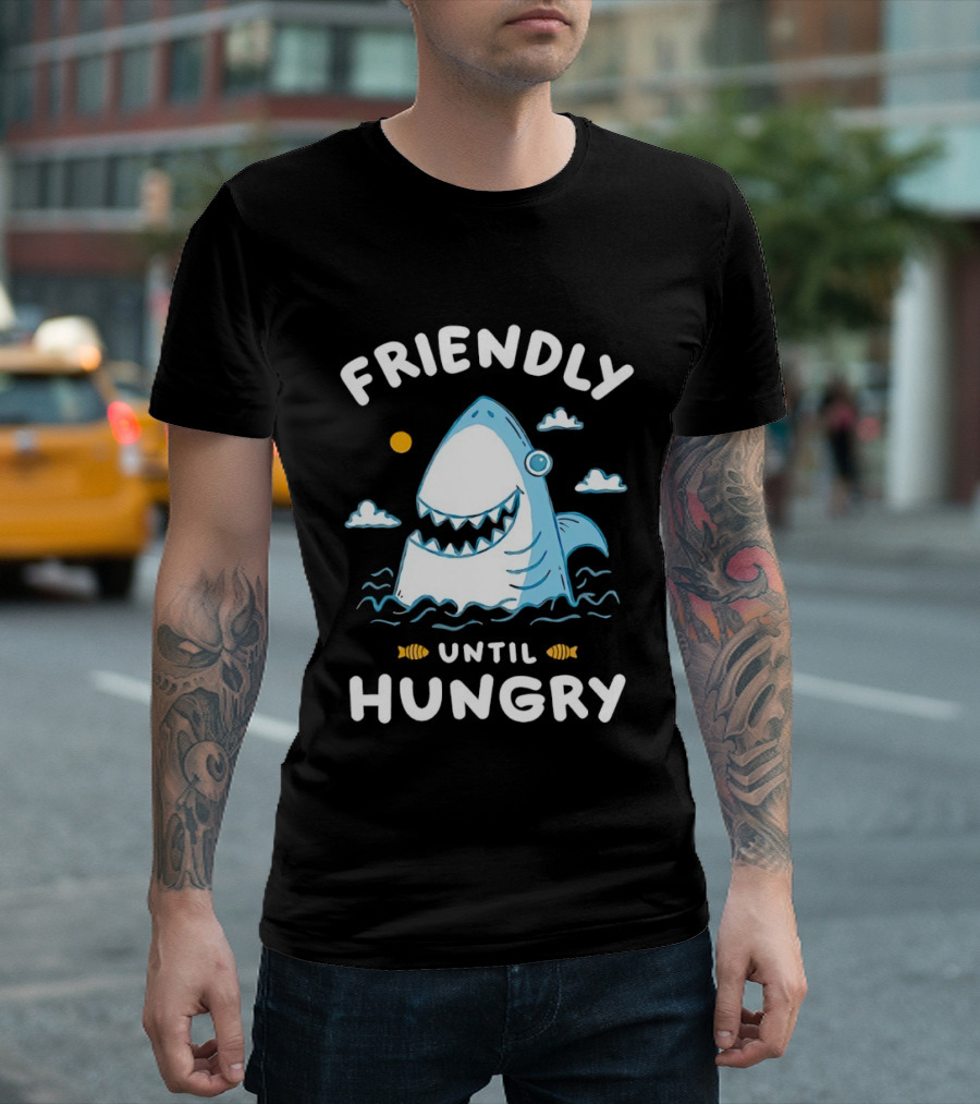 Friendly Shark Grinning Until Hungry Cloudy Ocean Scene T-Shirt