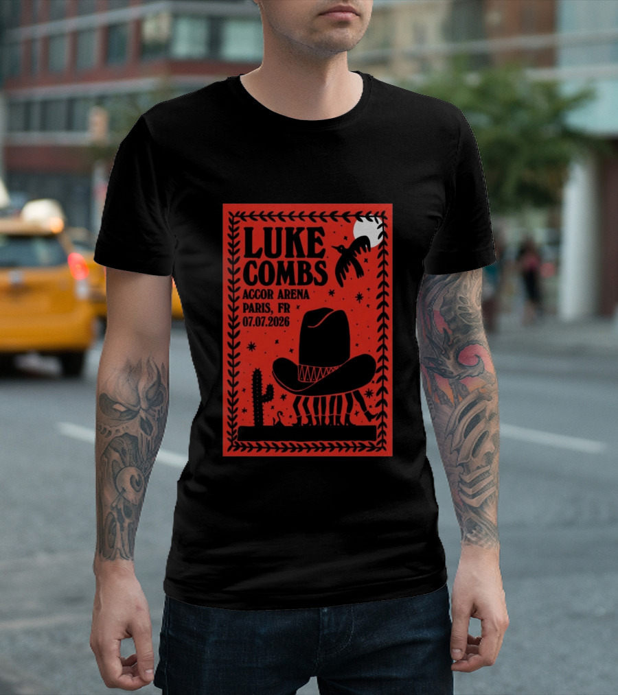Luke Combs Accor Arena Paris FR 07.07.2026 Cowboy Hat Cactus Moon Desert Scene T-Shirt