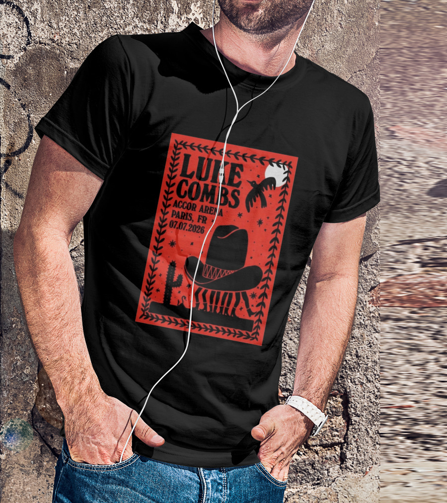 Luke Combs Accor Arena Paris FR 07.07.2026 Cowboy Hat Cactus Moon Desert Scene T-Shirt