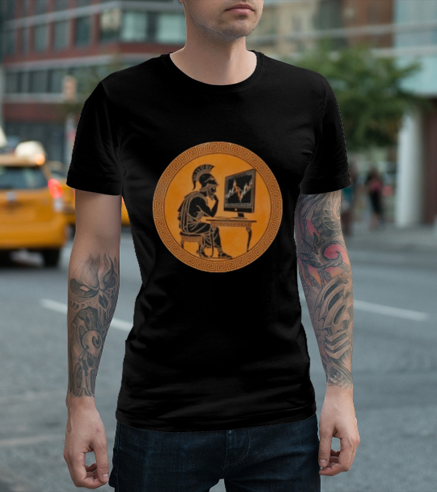 Greek Warrior Analyzing Stock Charts With Ancient Trader Flair T-Shirt