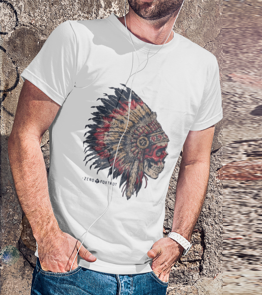 Zero Foxtrot Skull In Feathered Headdress T-Shirt