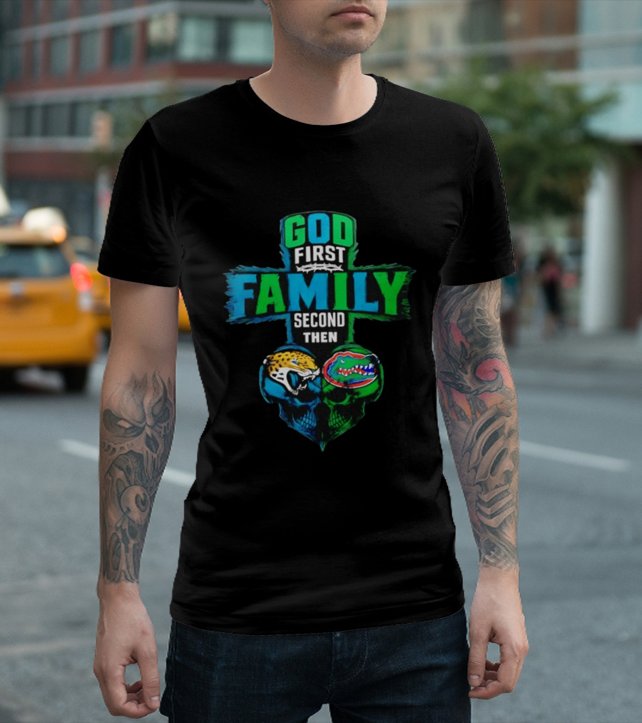 God First Family Second Jacksonville Jaguars Florida Gators Skull Heart T-Shirt