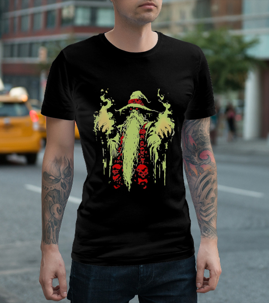 Necromancer Wizard With Glowing Green Fire And Red Skulls T-Shirt