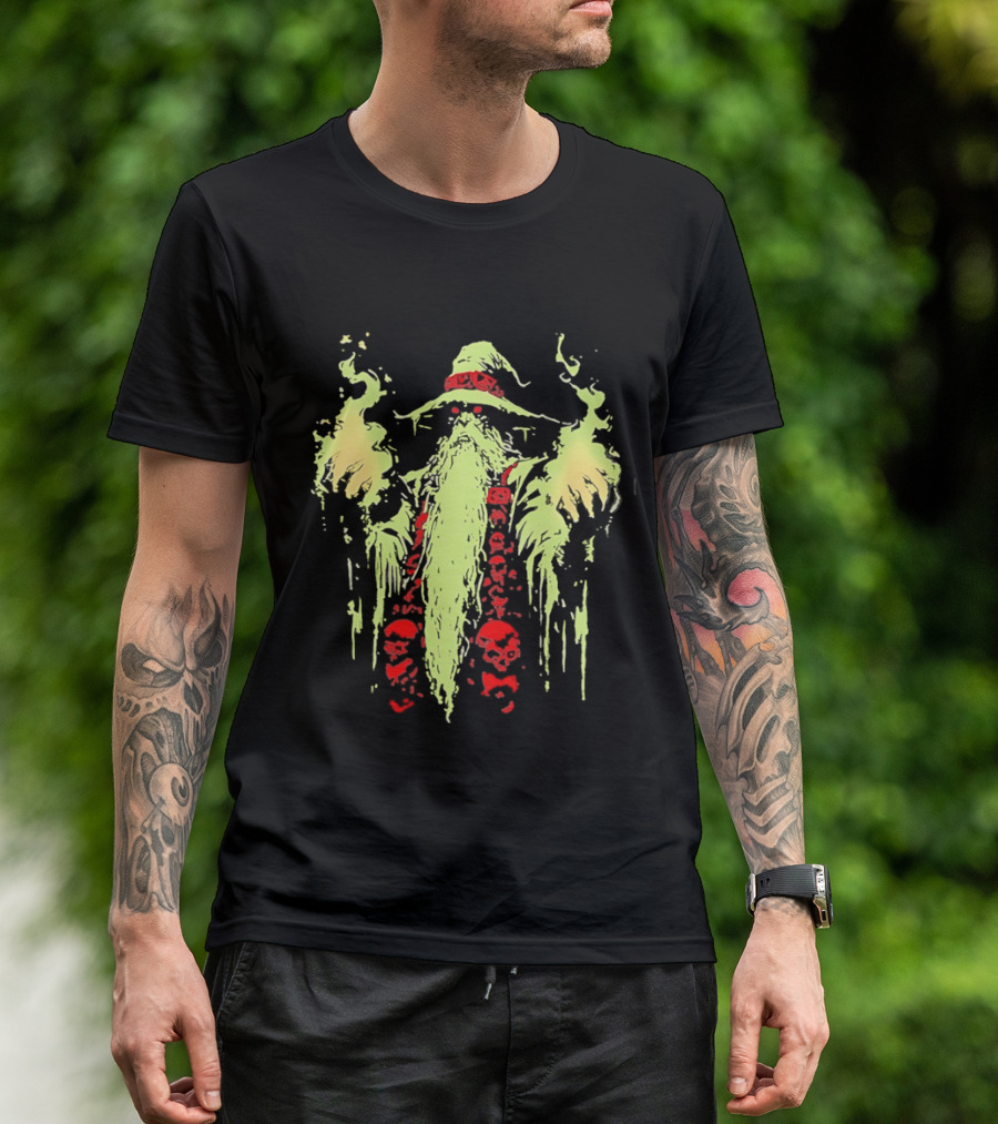 Necromancer Wizard With Glowing Green Fire And Red Skulls T-Shirt