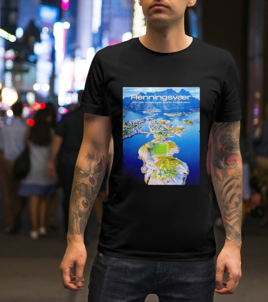 Henningsvaer With The World's Most Scenic Football Pitch Aerial View T-Shirt