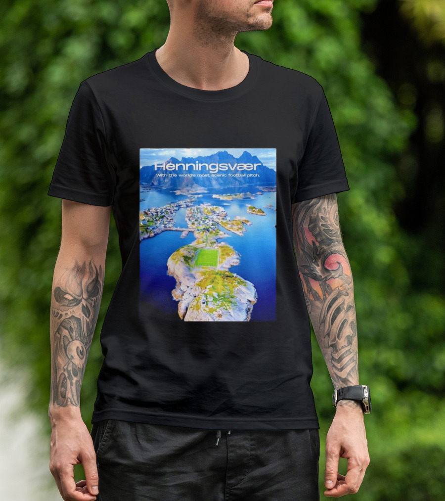 Henningsvaer With The World's Most Scenic Football Pitch Aerial View T-Shirt