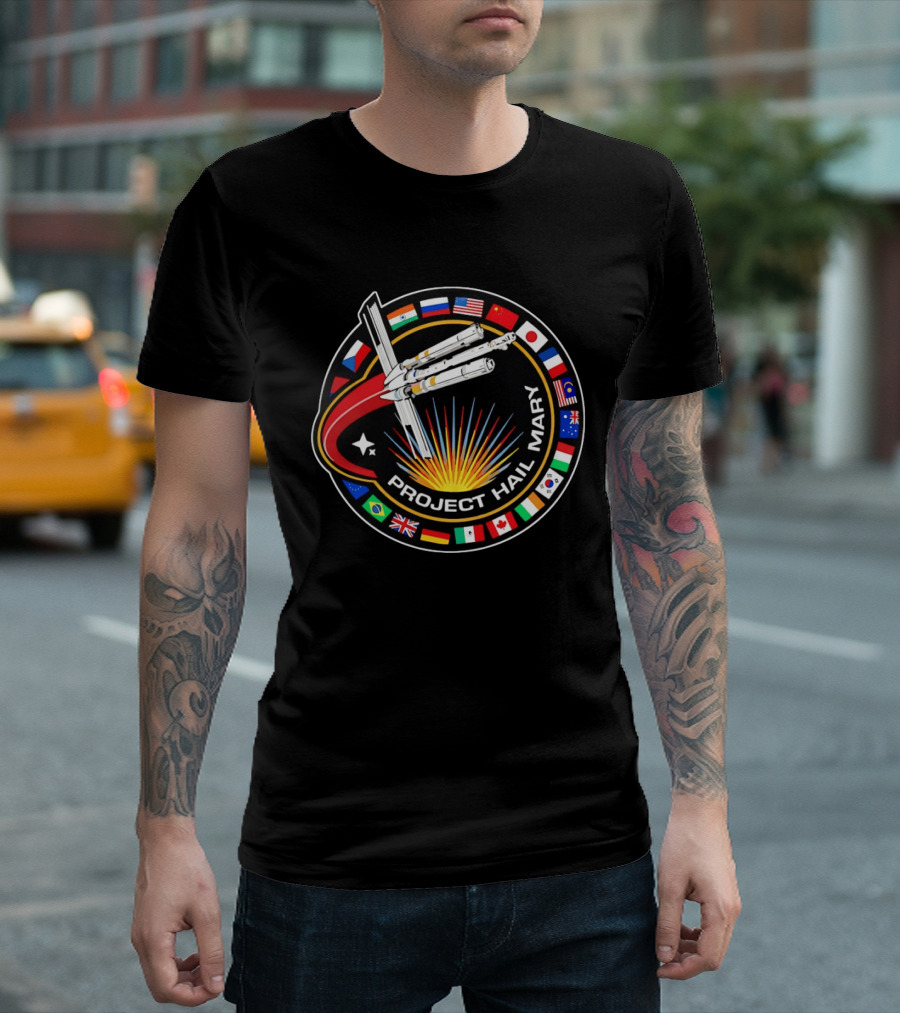Project Hail Mary Mission Patch With International Flags And Spacecraft T-Shirt