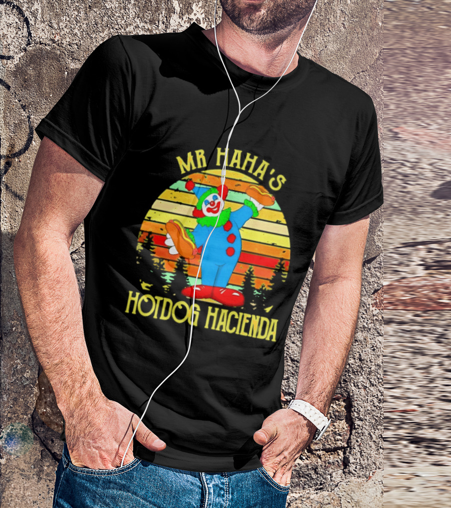 Mr Haha's Hotdog Hacienda Clown In Colorful Costume With Hot Dog T-Shirt