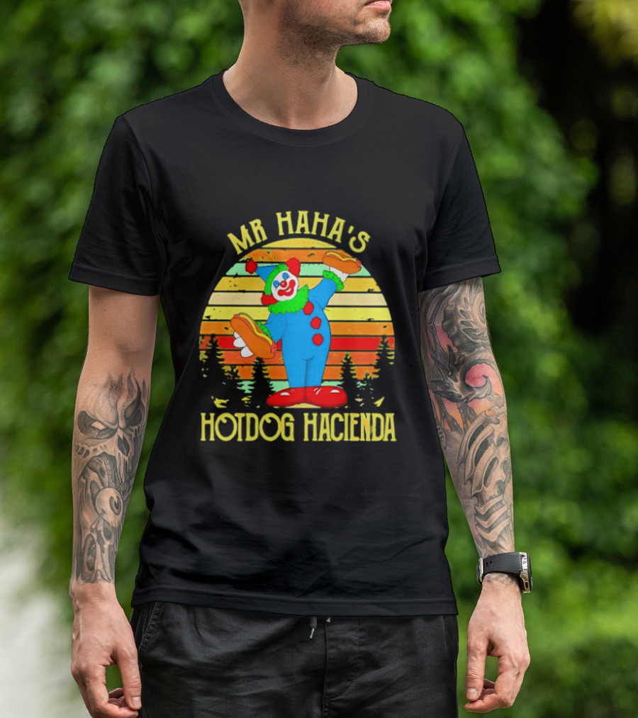 Mr Haha's Hotdog Hacienda Clown In Colorful Costume With Hot Dog T-Shirt