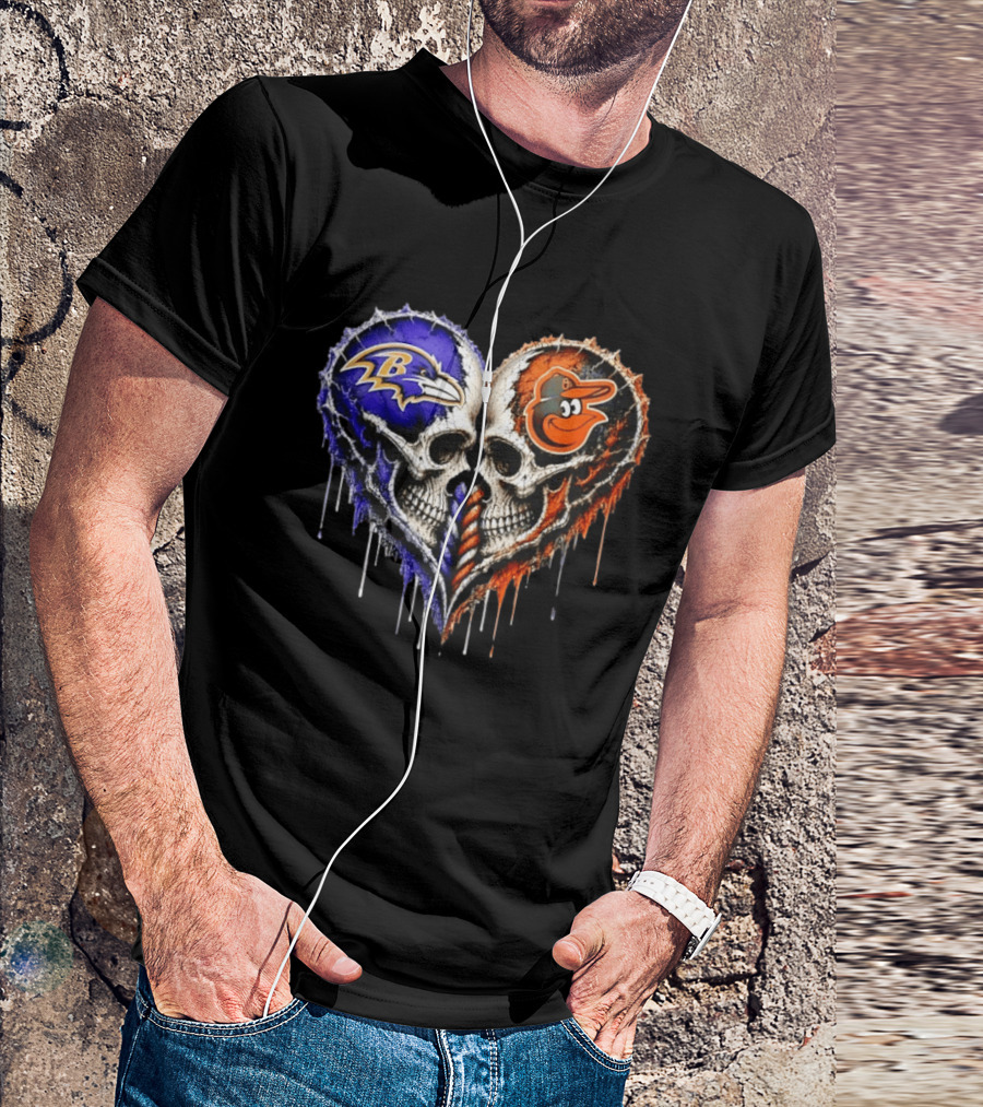 Baltimore Ravens And Baltimore Orioles Skull Heart T-Shirt