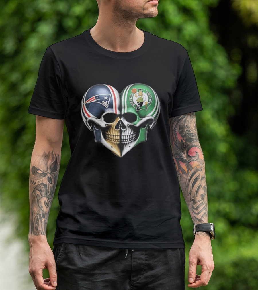 Boston Celtics And New England Patriots Skull Heart T-Shirt