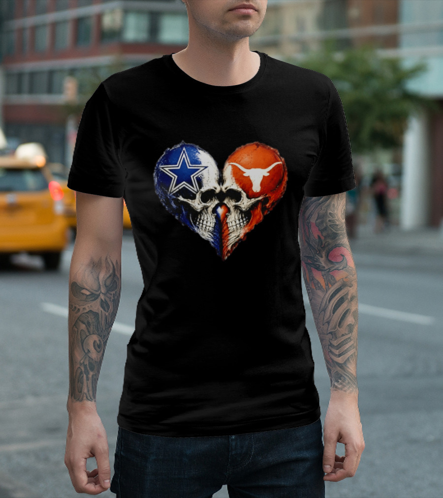 Dallas Cowboys And Texas Longhorns Skulls Heart T-Shirt