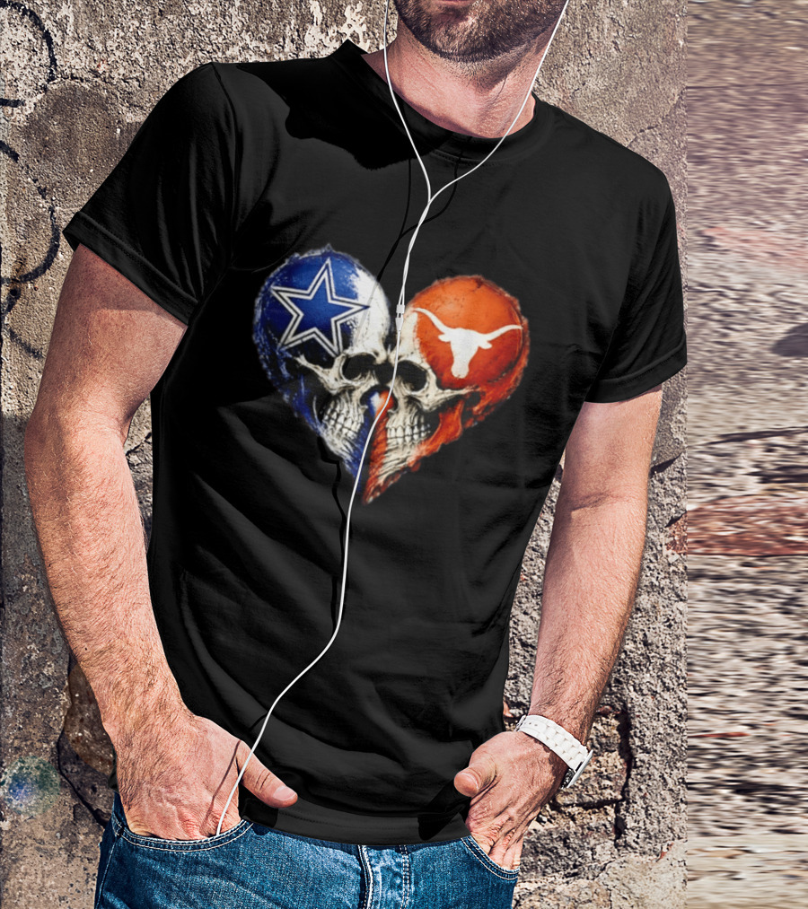 Dallas Cowboys And Texas Longhorns Skulls Heart T-Shirt