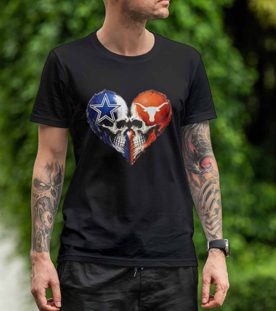 Dallas Cowboys And Texas Longhorns Skulls Heart T-Shirt