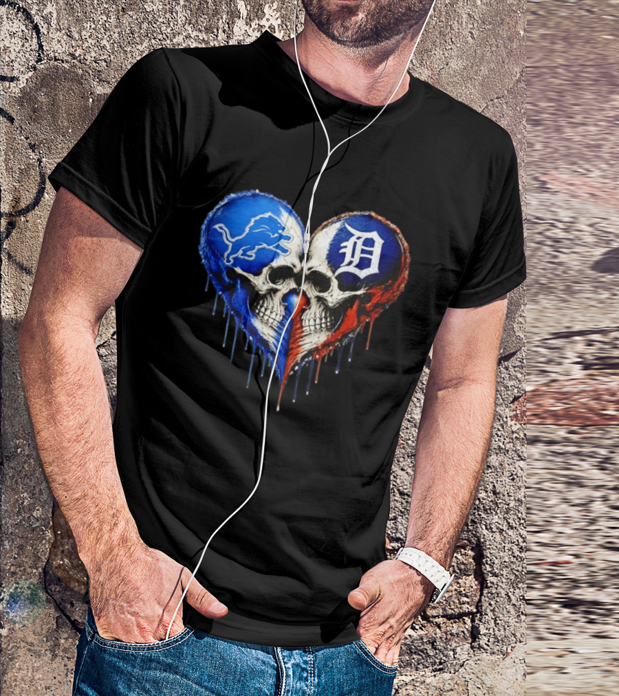 Detroit Lions And Detroit Tigers Skull Heart T-Shirt