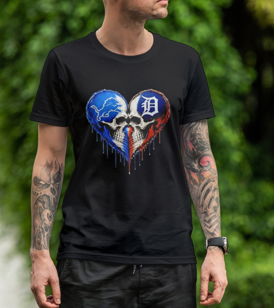 Detroit Lions And Detroit Tigers Skull Heart T-Shirt