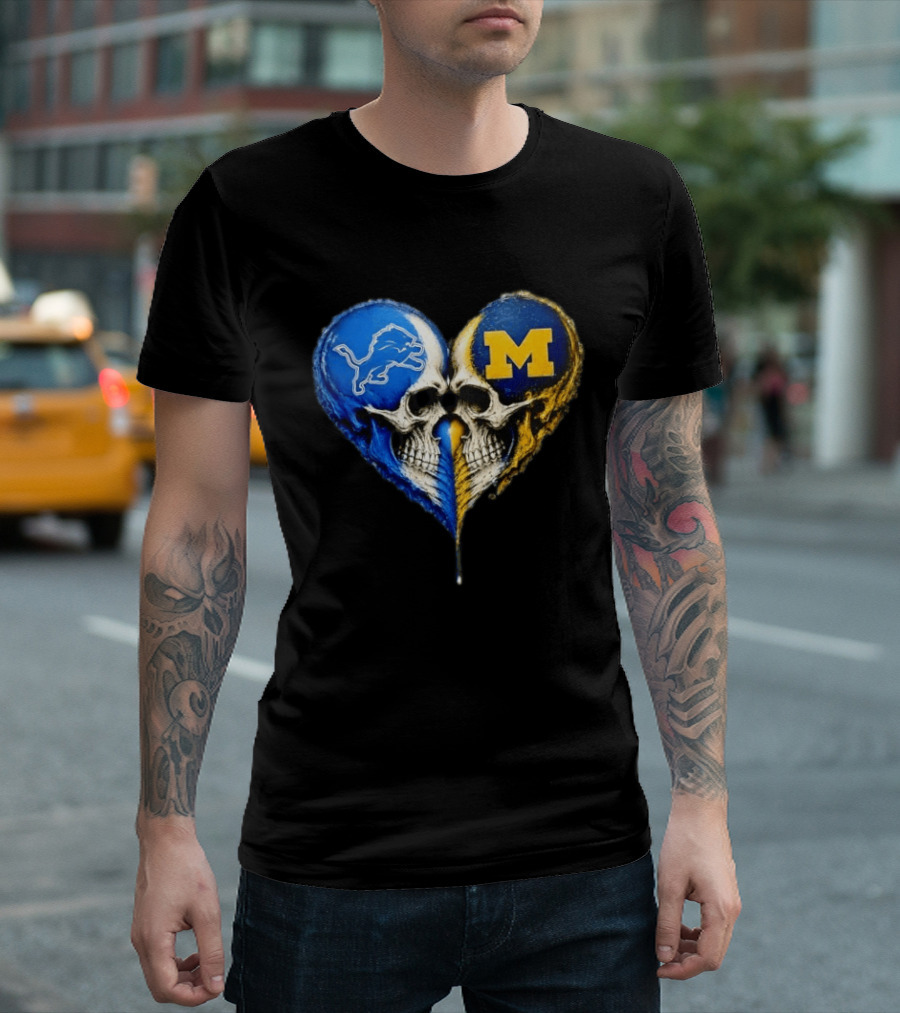 Detroit Lions And Michigan Wolverines Heart Skulls T-Shirt