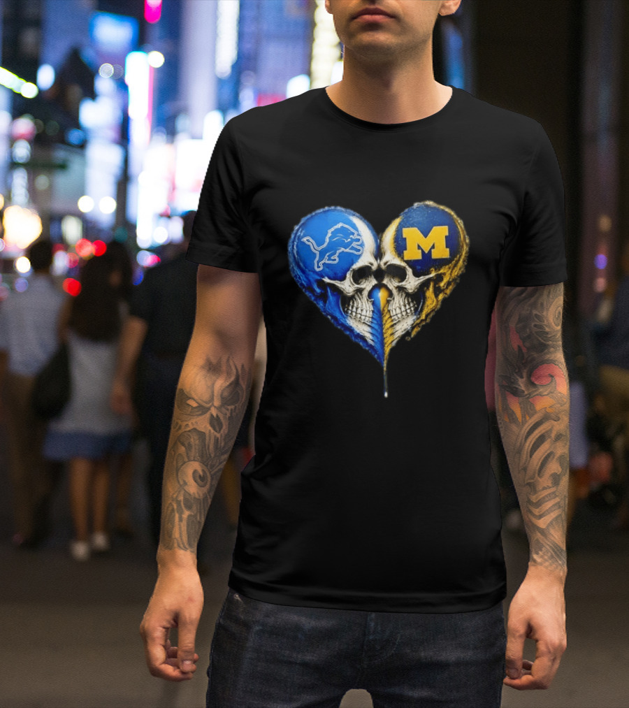 Detroit Lions And Michigan Wolverines Heart Skulls T-Shirt