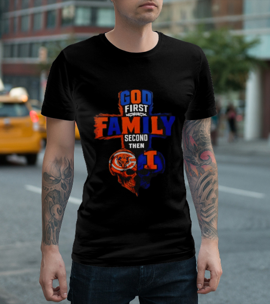 God First Family Second Then Chicago Bears And Illinois Fighting Illini Skull Heart T-Shirt