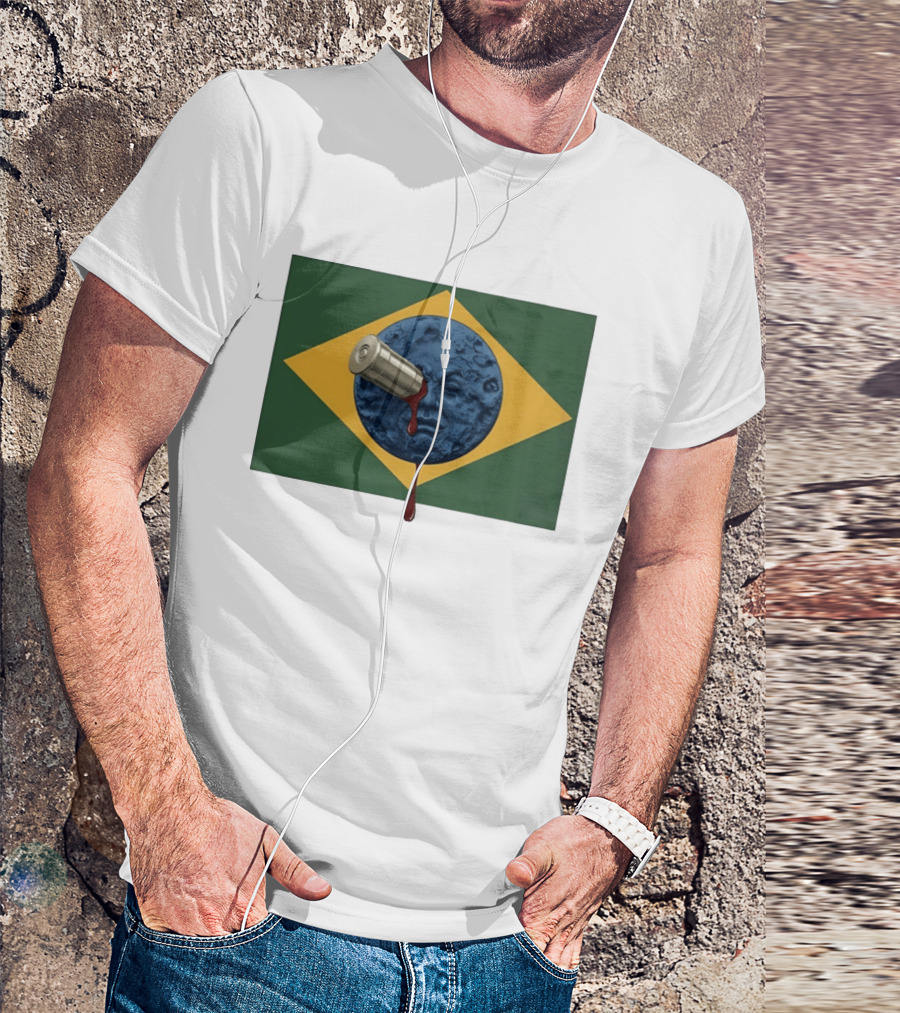 Brazil Flag Moon Face With Bullet And Bleeding Effect T-Shirt