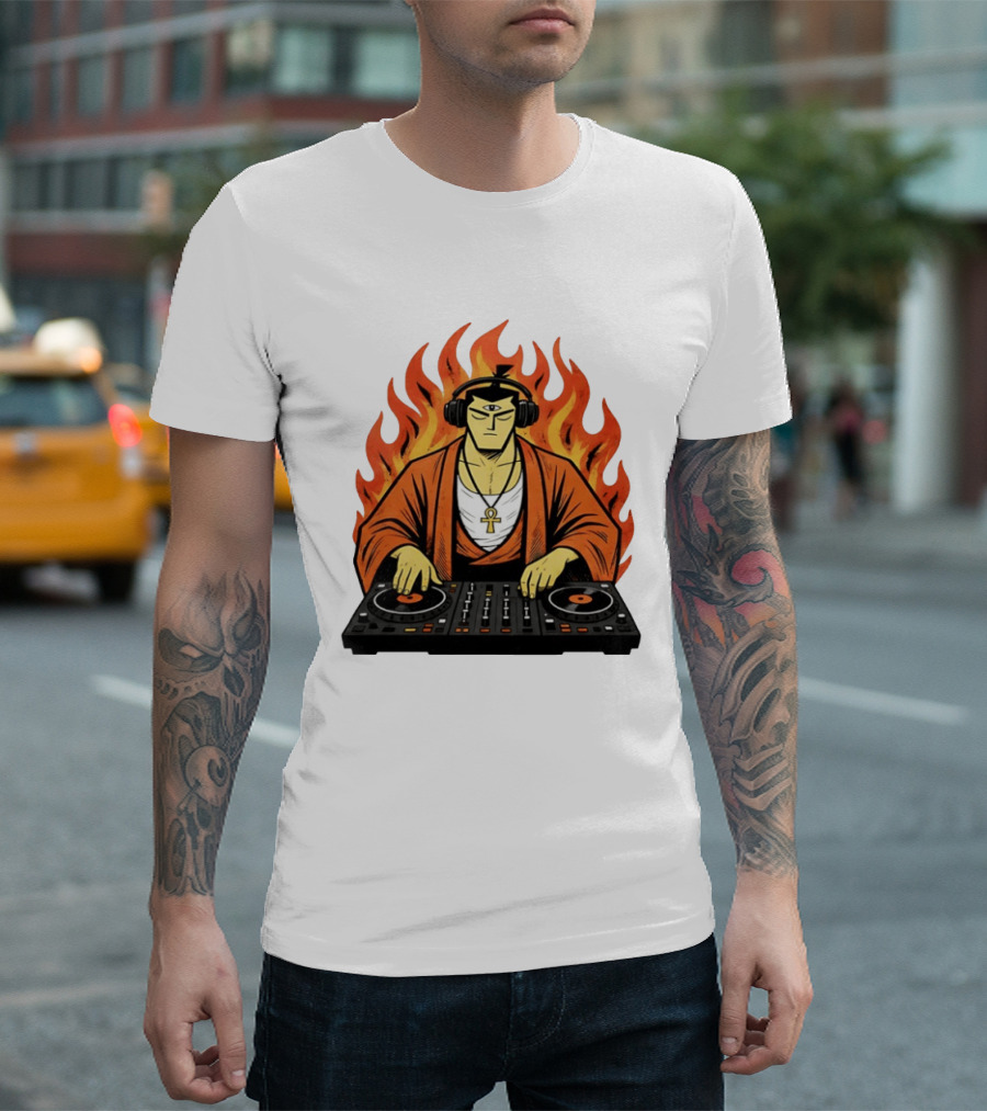 Samurai Jack DJing With Headphones Fire Music Mixer T-Shirt